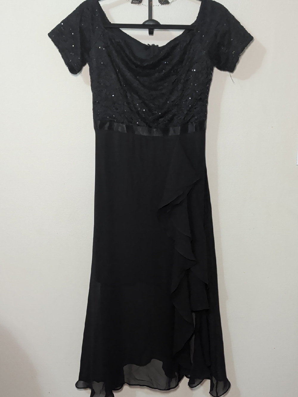 Bery Love Black Sequin Bodice Midi Dress Chiffon Skirt Formal NEW Women's Size M